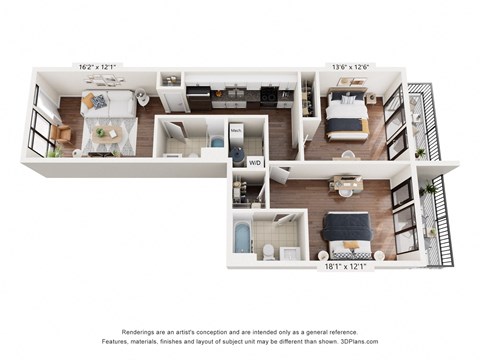 Floor plan for 2 beds, 2 baths, 975 sqft